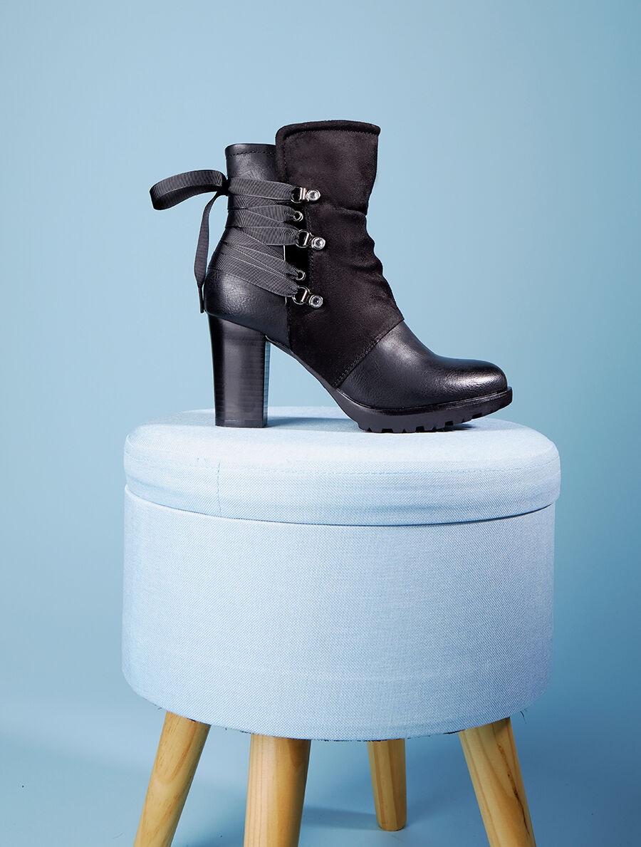Bottines bi-matière à contrefort à lanières et à strass - Noir - 5