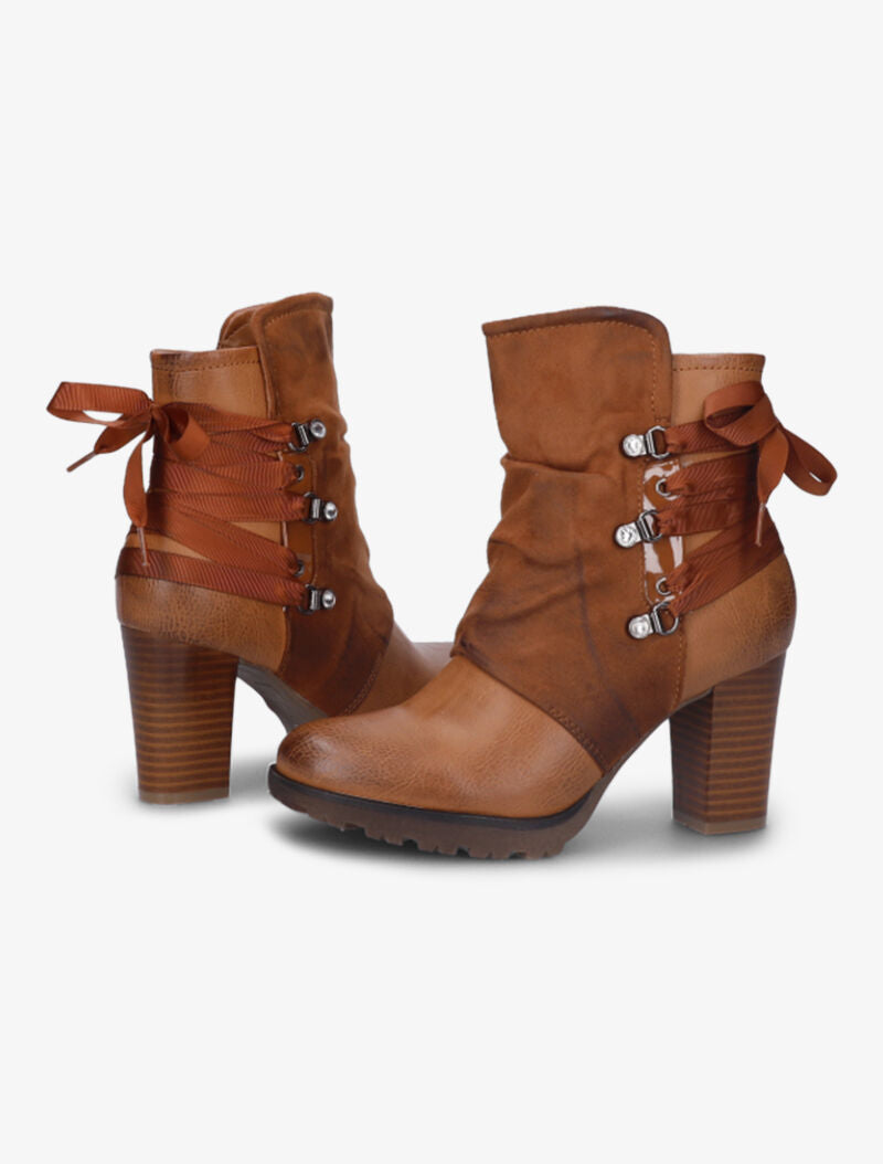 Bottines bi-matière à contrefort à lanières et à strass - Camel - 4