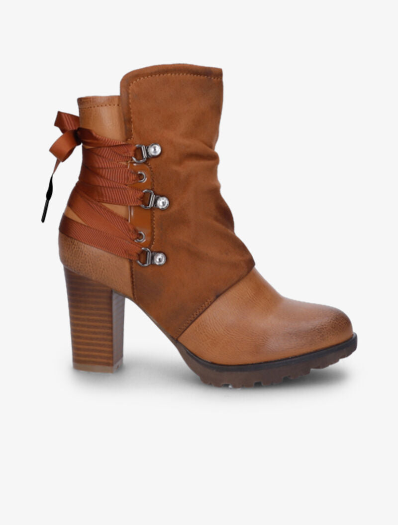 Bottines bi-matière à contrefort à lanières et à strass - Camel - 1