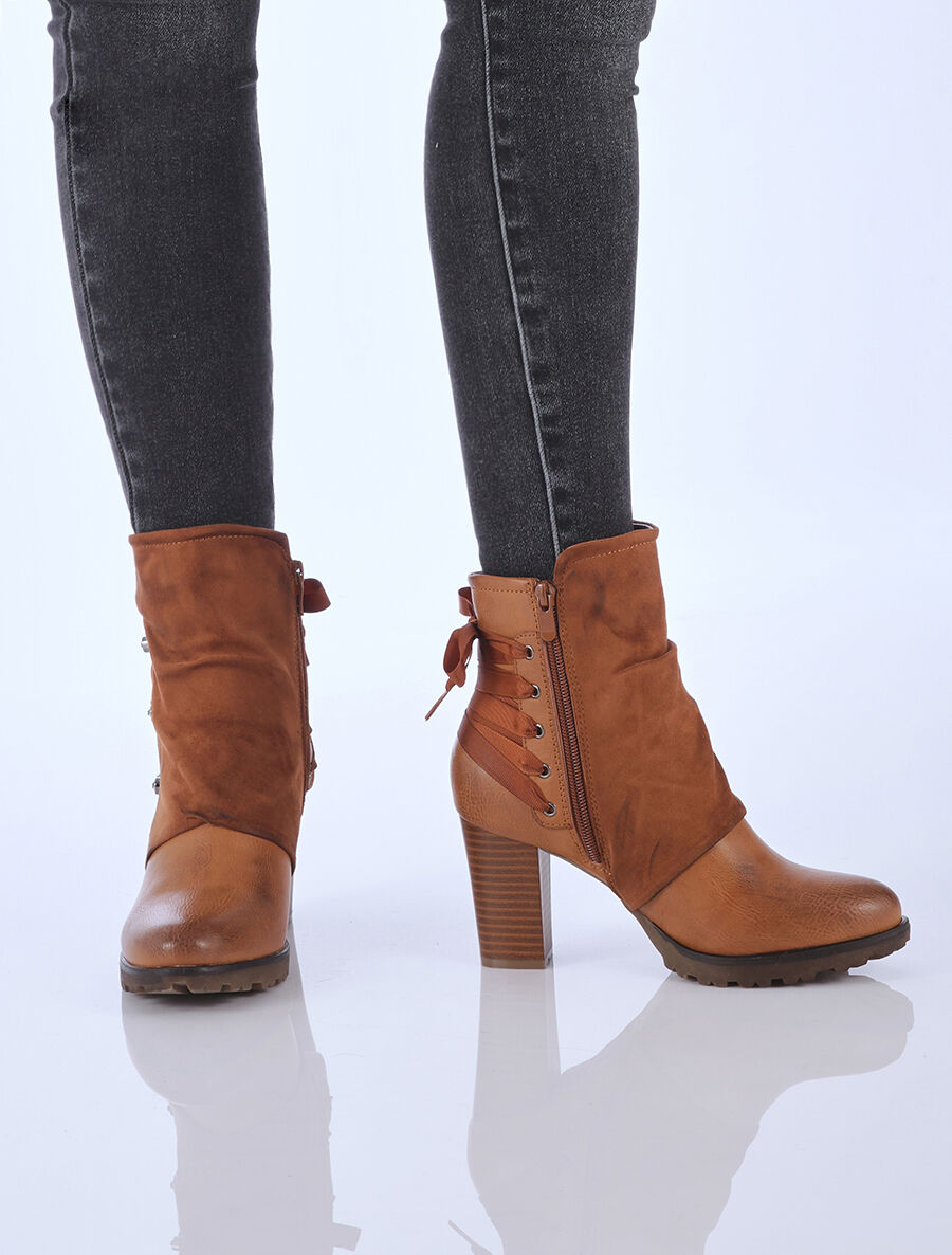 Bottines bi-matière à contrefort à lanières et à strass - Camel - 5