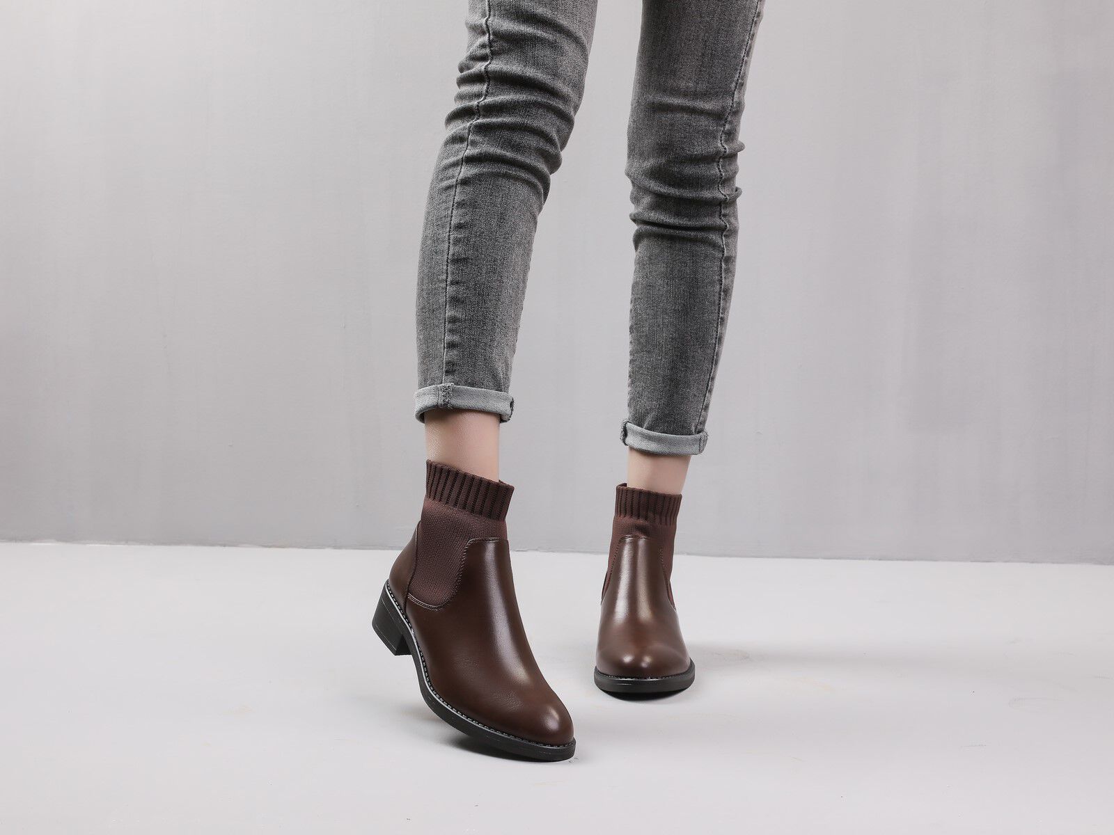 Bottines bi-matière style chaussette - Marron - 5