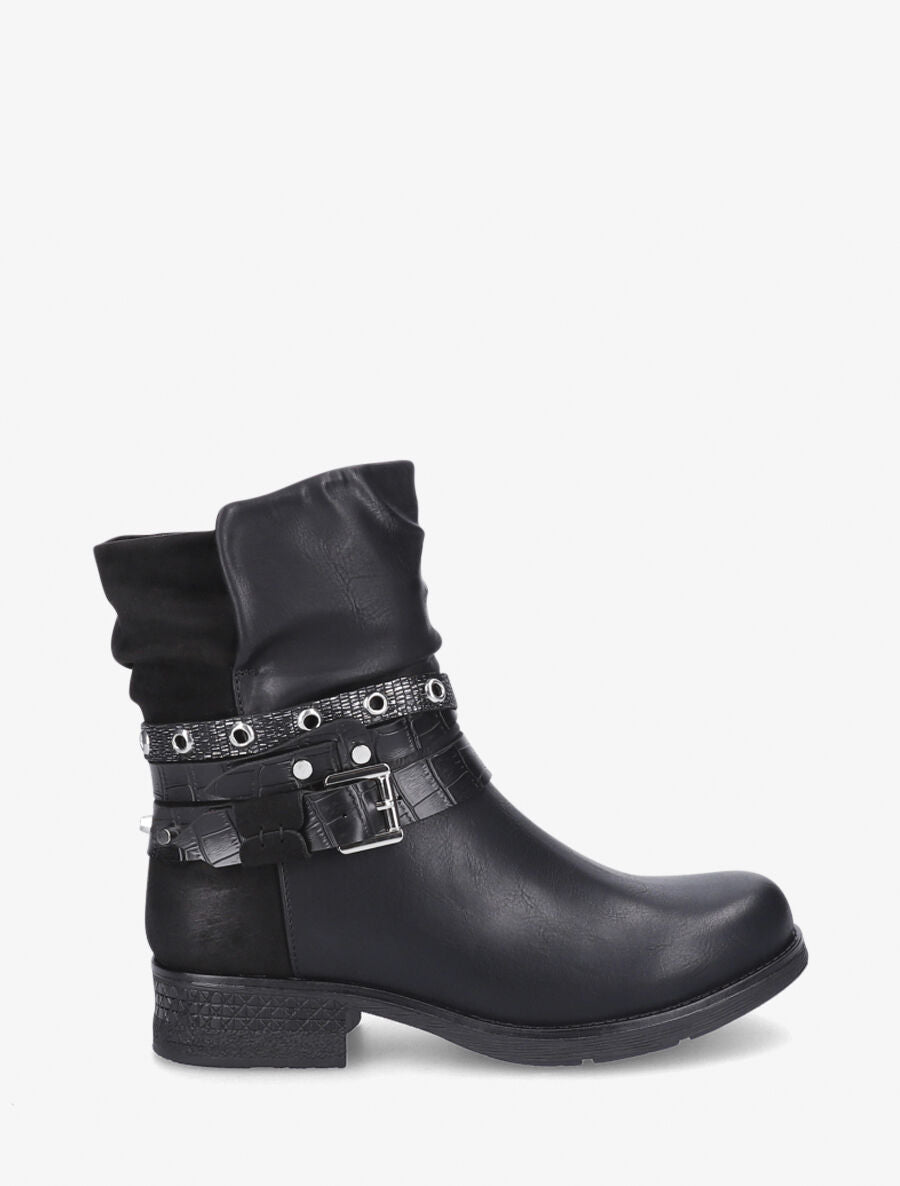 Boots montantes effet plissé à boucles - Noir - 1