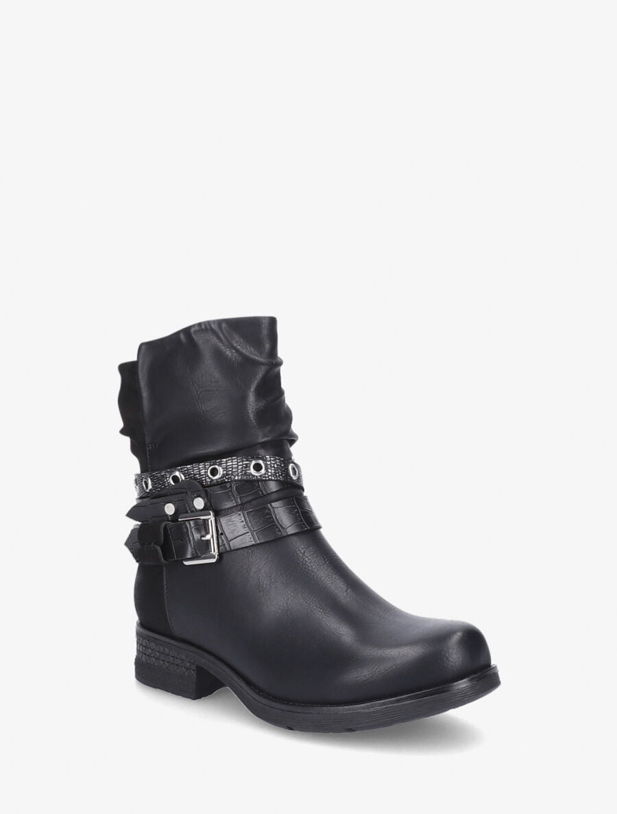 Boots montantes effet plissé à boucles - Noir - 2