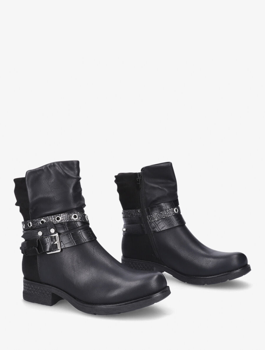 Boots montantes effet plissé à boucles - Noir - 4