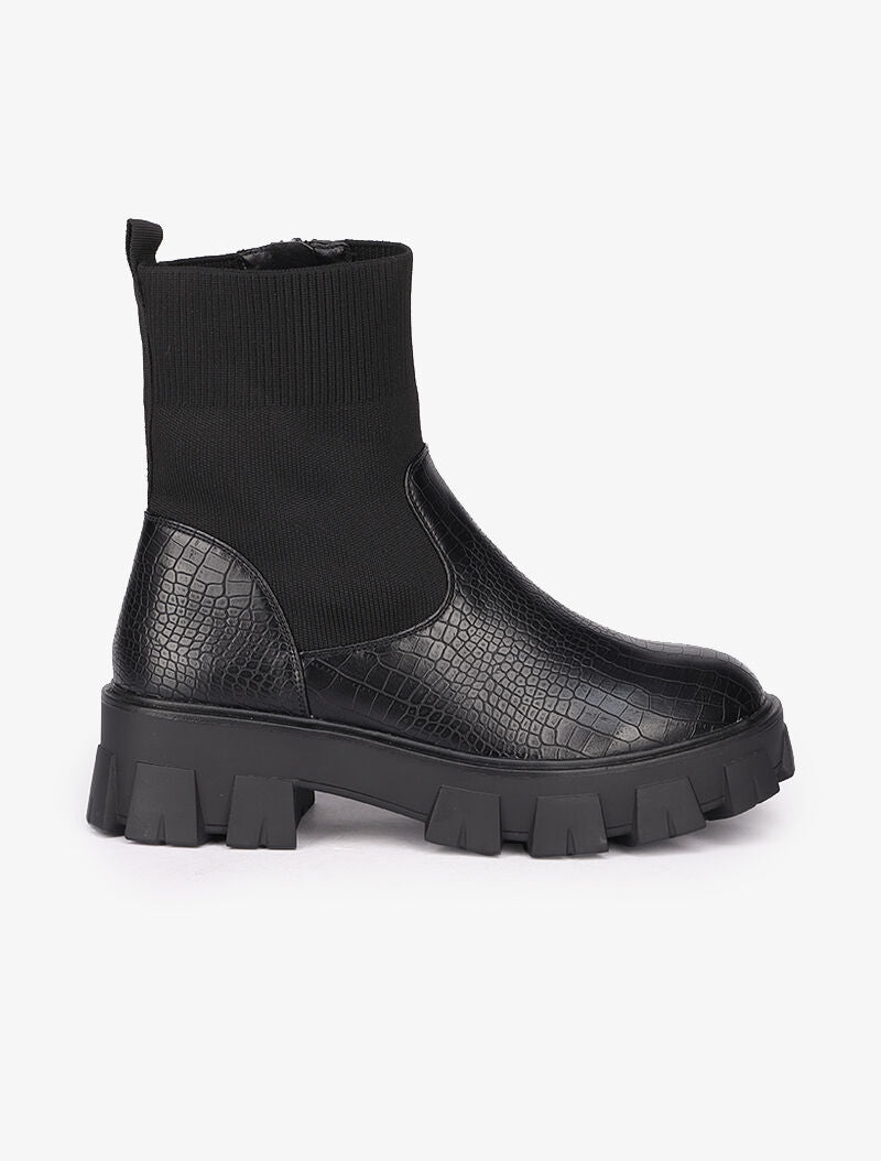 Bottines à semelles crantées effet croco - Noir - 2