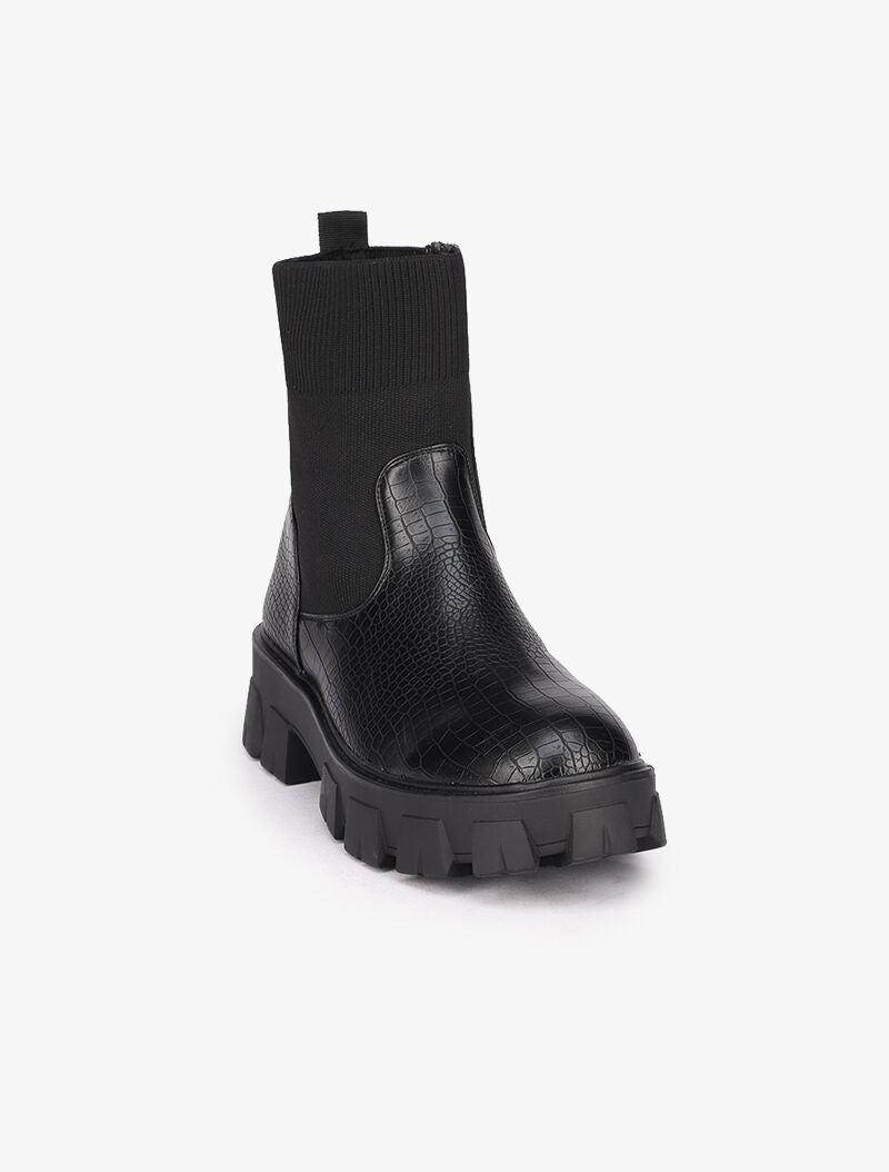 Bottines à semelles crantées effet croco - Noir - 3