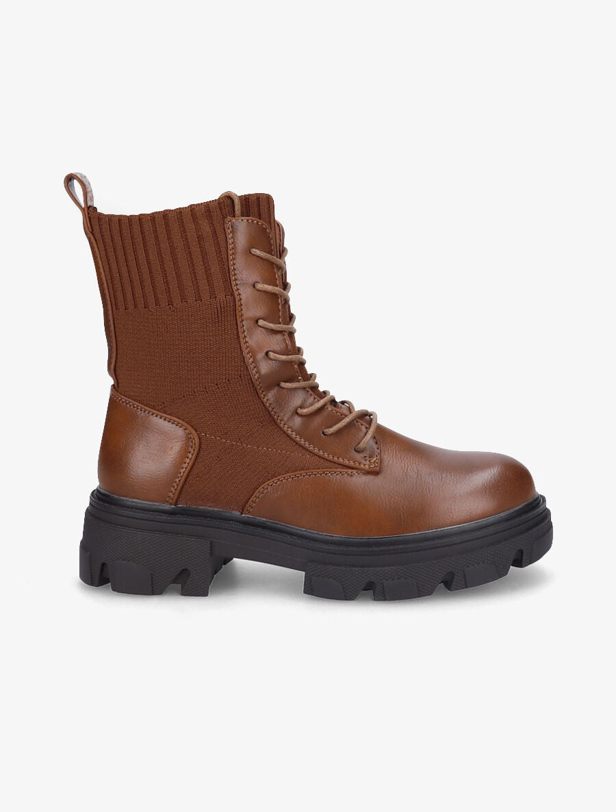 Boots lacées bi-matière - Camel - 1