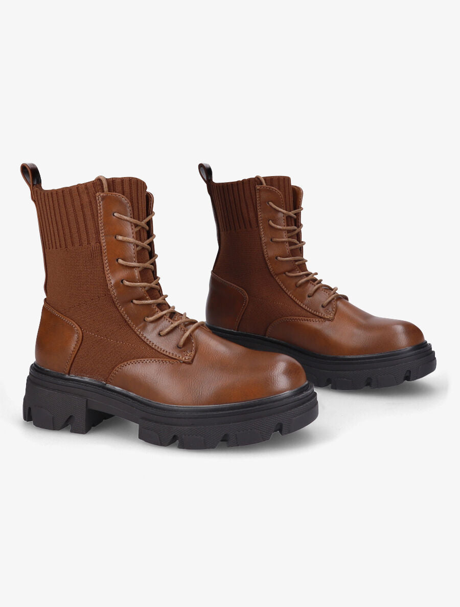 Boots lacées bi-matière - Camel - 4