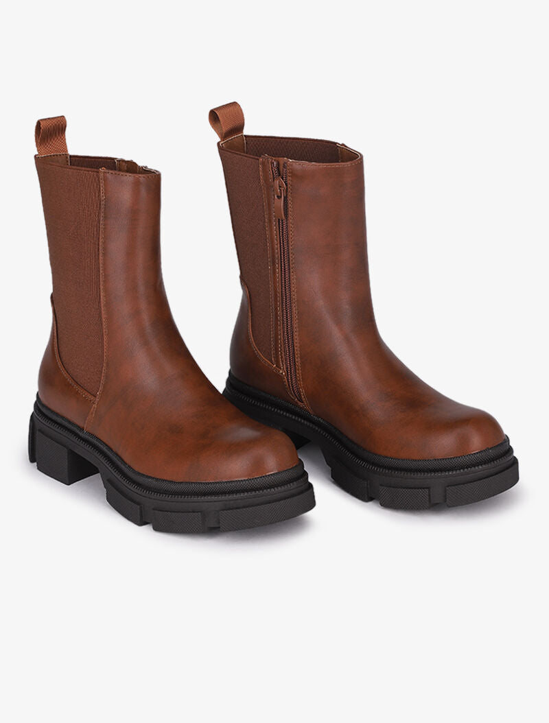 Boots montantes à plateforme stylisée - Camel - 1