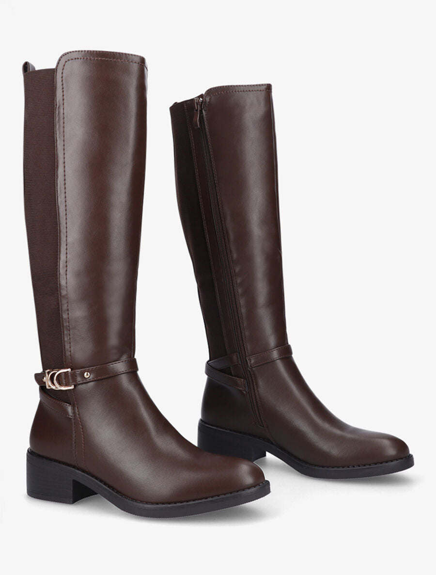 Bottes élastiquées en simili et sangles - Marron - 4