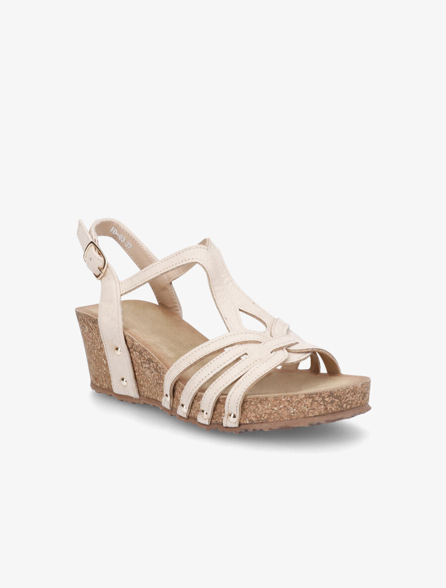 Sandales compensées effet liège et ganses entrelacées - Beige - 2
