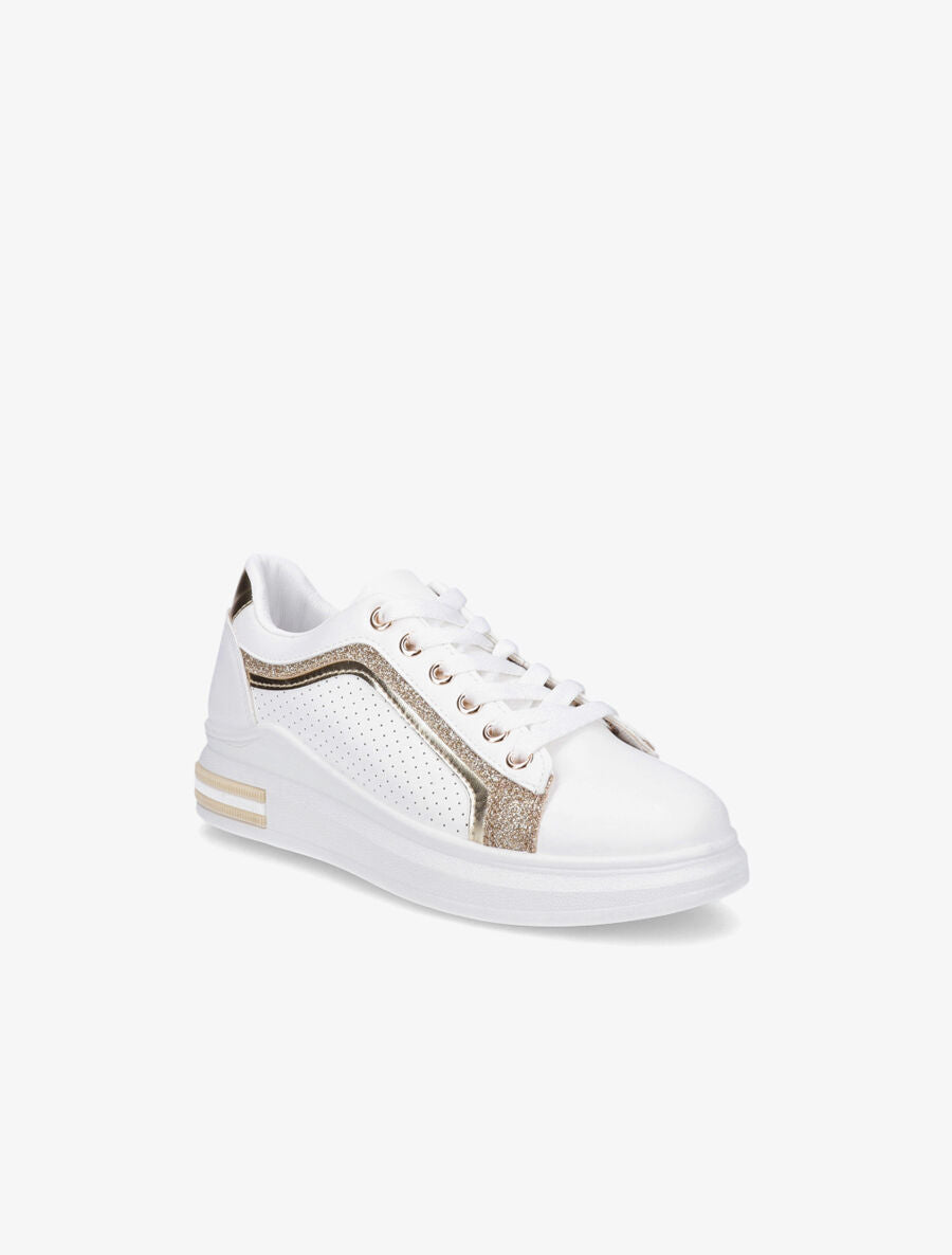 Sneakers en simili perforés à bandes pailletées - Or - 2