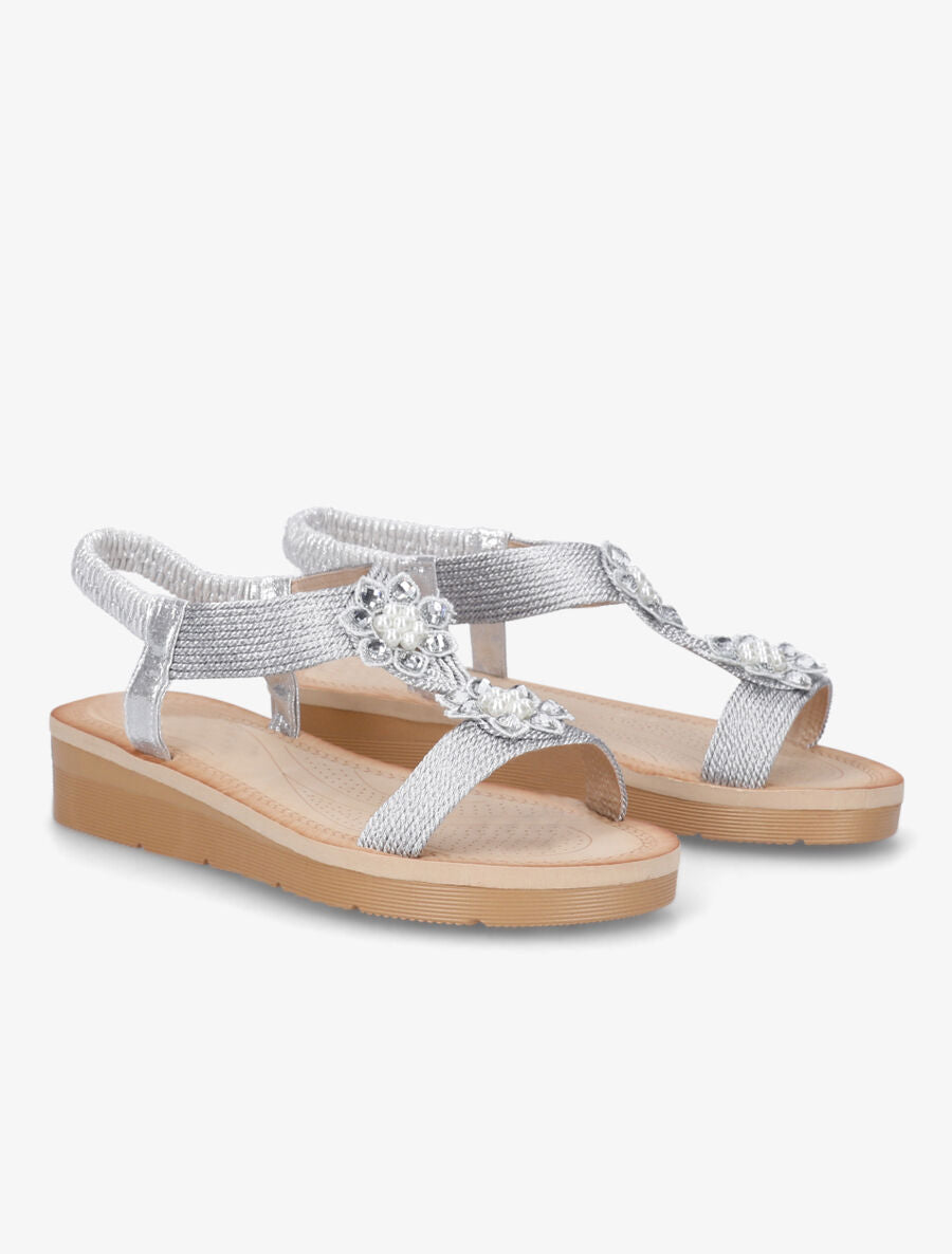Nu-pieds à motif fleurs ornés de strass et perles - Argent - 4