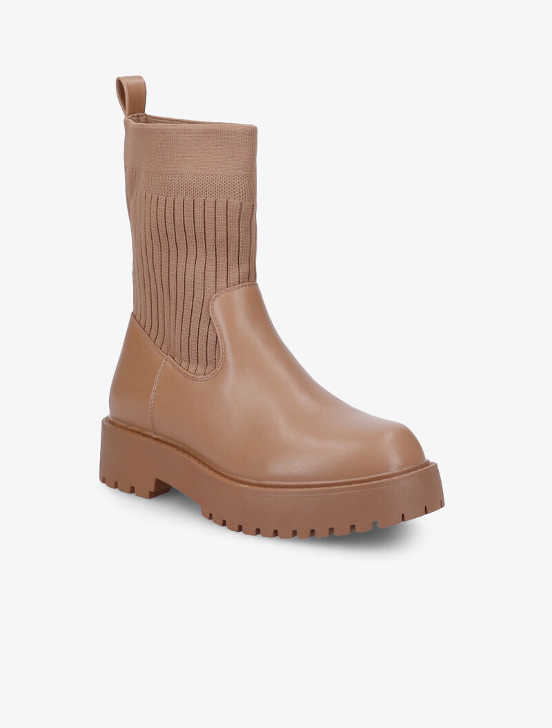 Bottines en simili et tissu côtelé élastiqué - Camel - 3