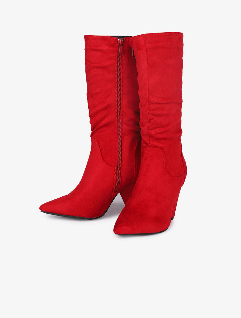 Bottes plissées en suédine à talons triangle - Rouge - 4