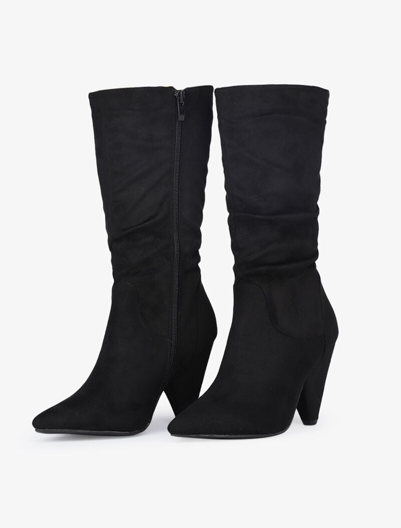 Bottes plissées en suédine à talons triangle - Noir - 4