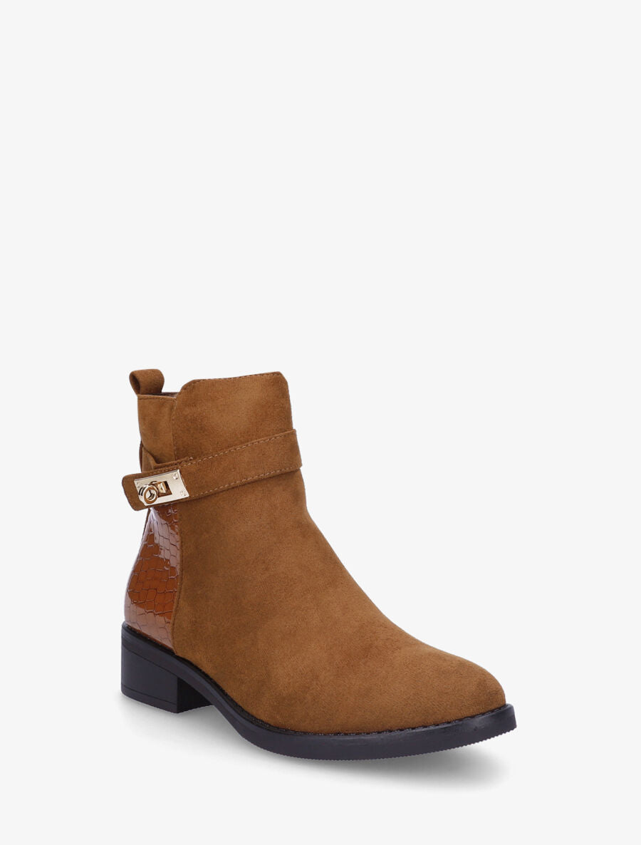 Bottines plates en suédine et croco - Camel - 2