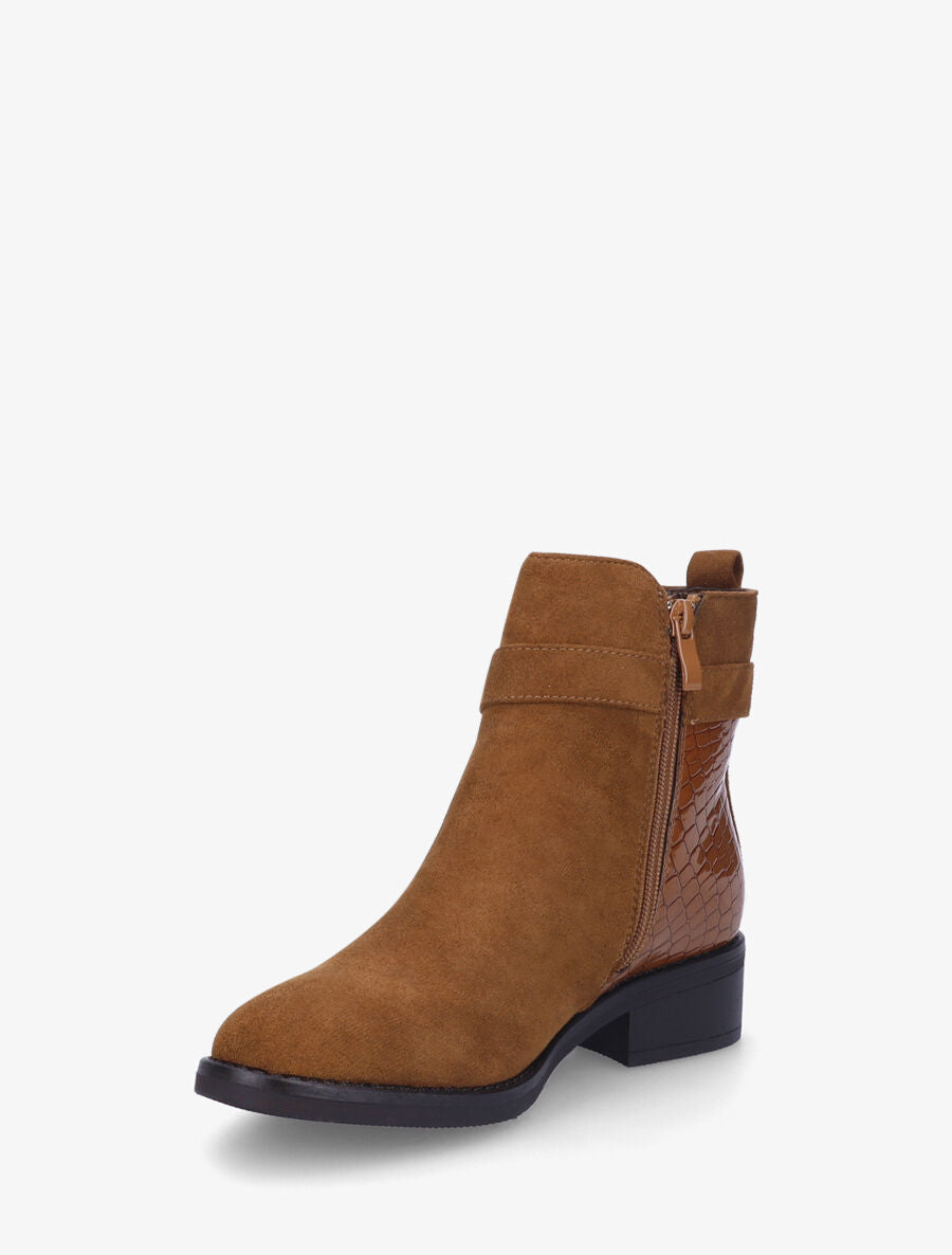 Bottines plates en suédine et croco - Camel - 3