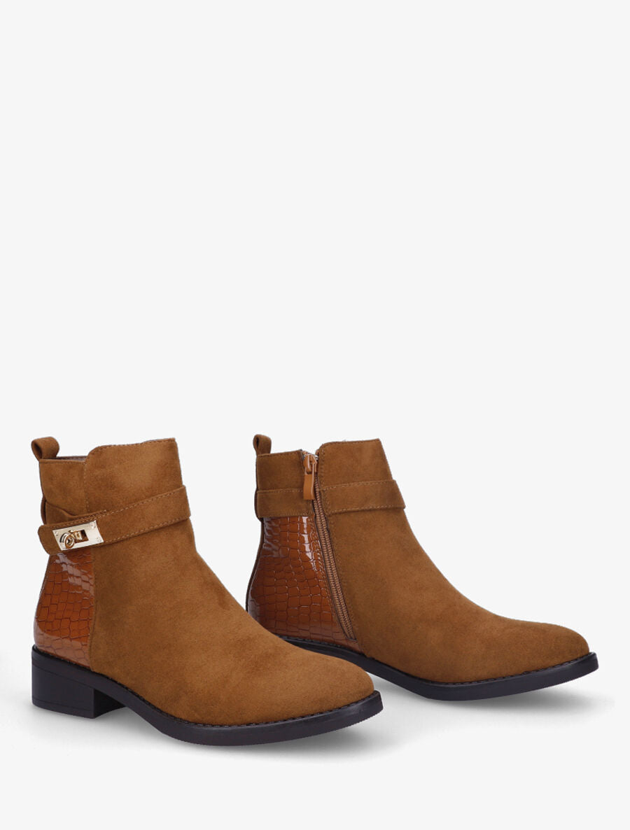 Bottines plates en suédine et croco - Camel - 4