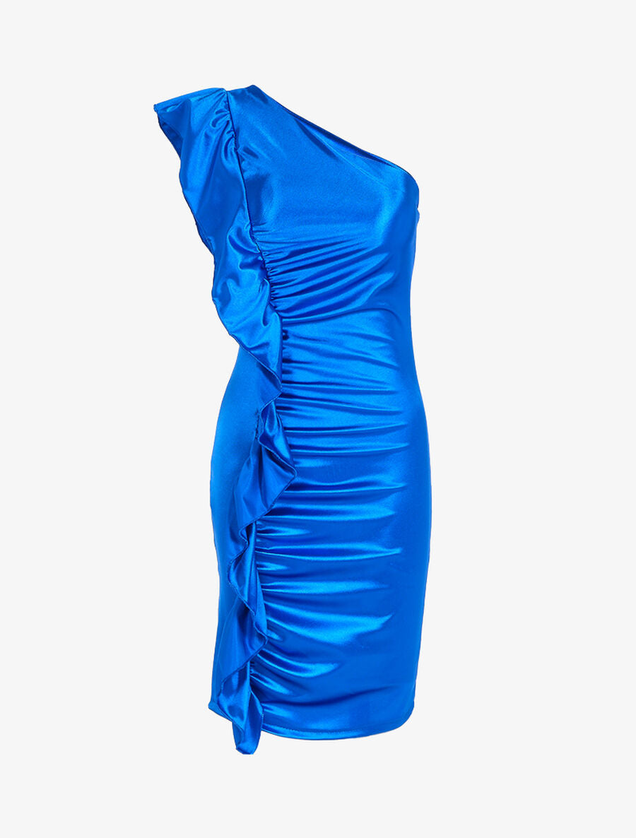 Robe épaule nue et côté volanté - Bleu électrique - 1