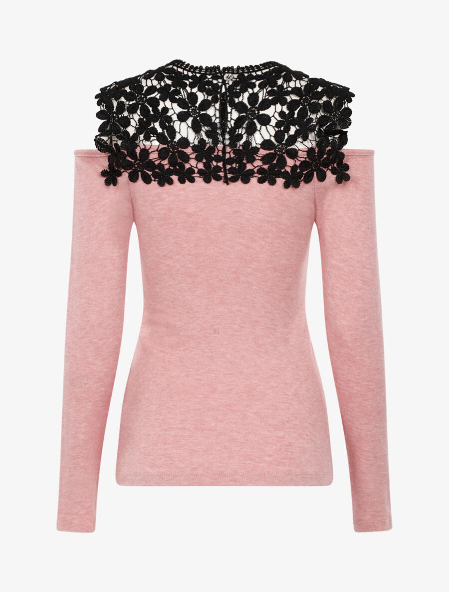 Pull à plastron dentelle et épaules dénudées - Rose - 2