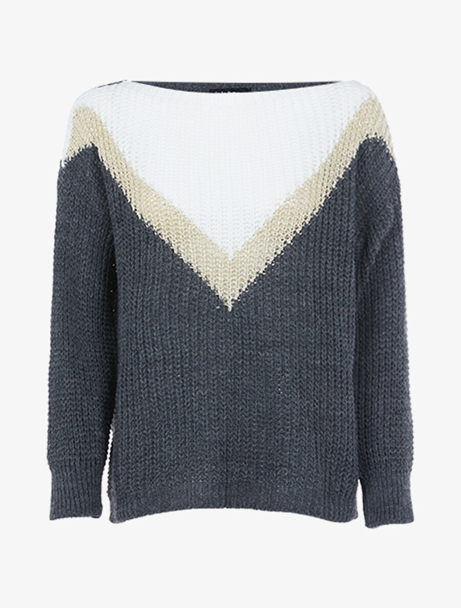 Pull en grosse maille à V doré - Anthracite - 1