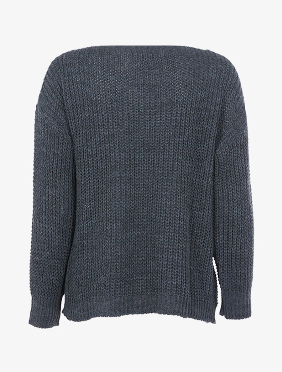 Pull en grosse maille à V doré - Anthracite - 2