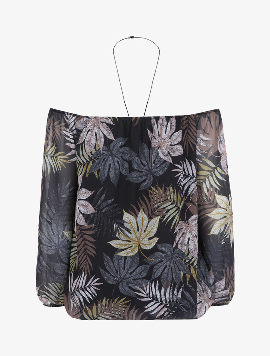 Blouse à imprimé feuillages et sautoir - Noir - 2