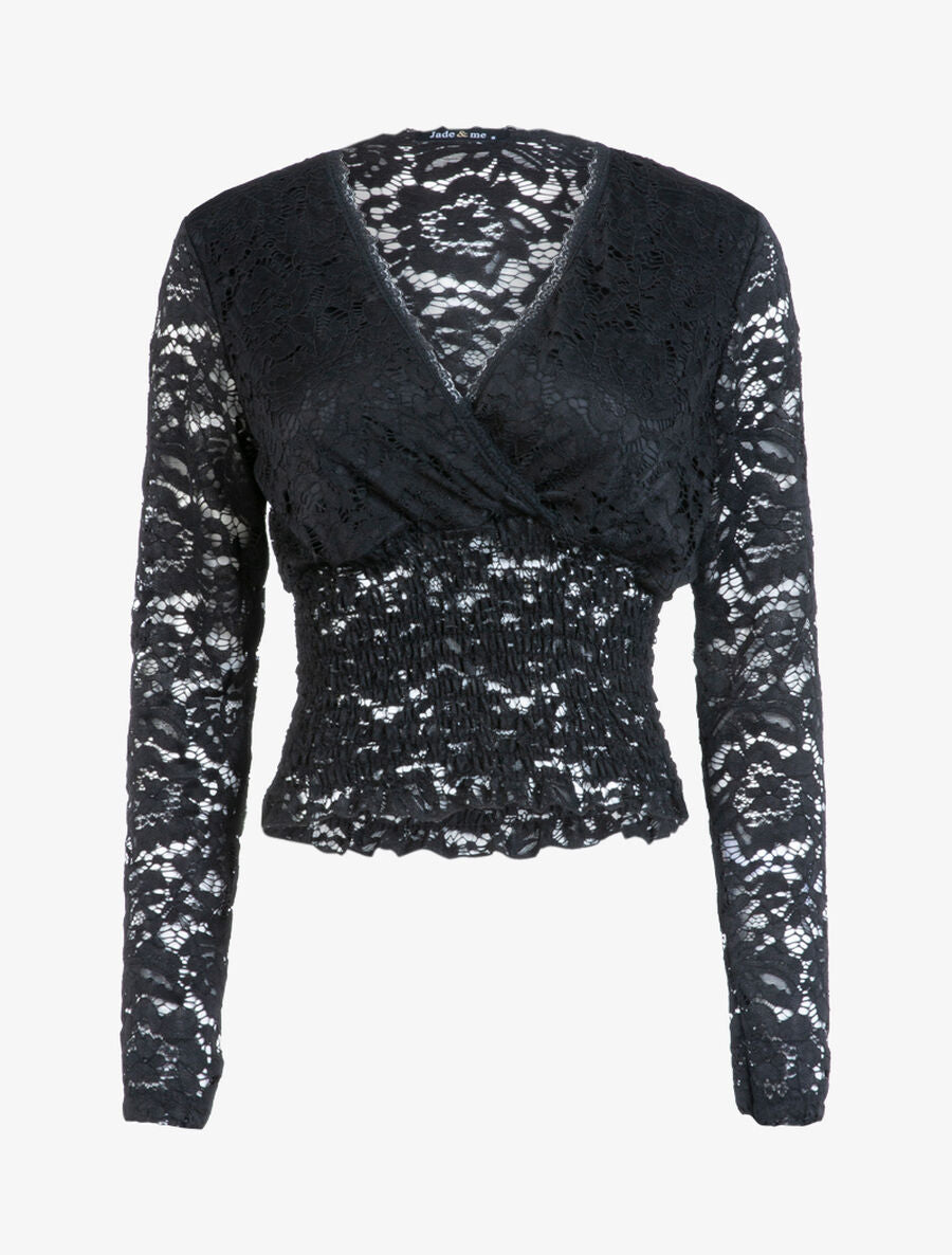 Crop top en dentelle festonnée - Noir - 1