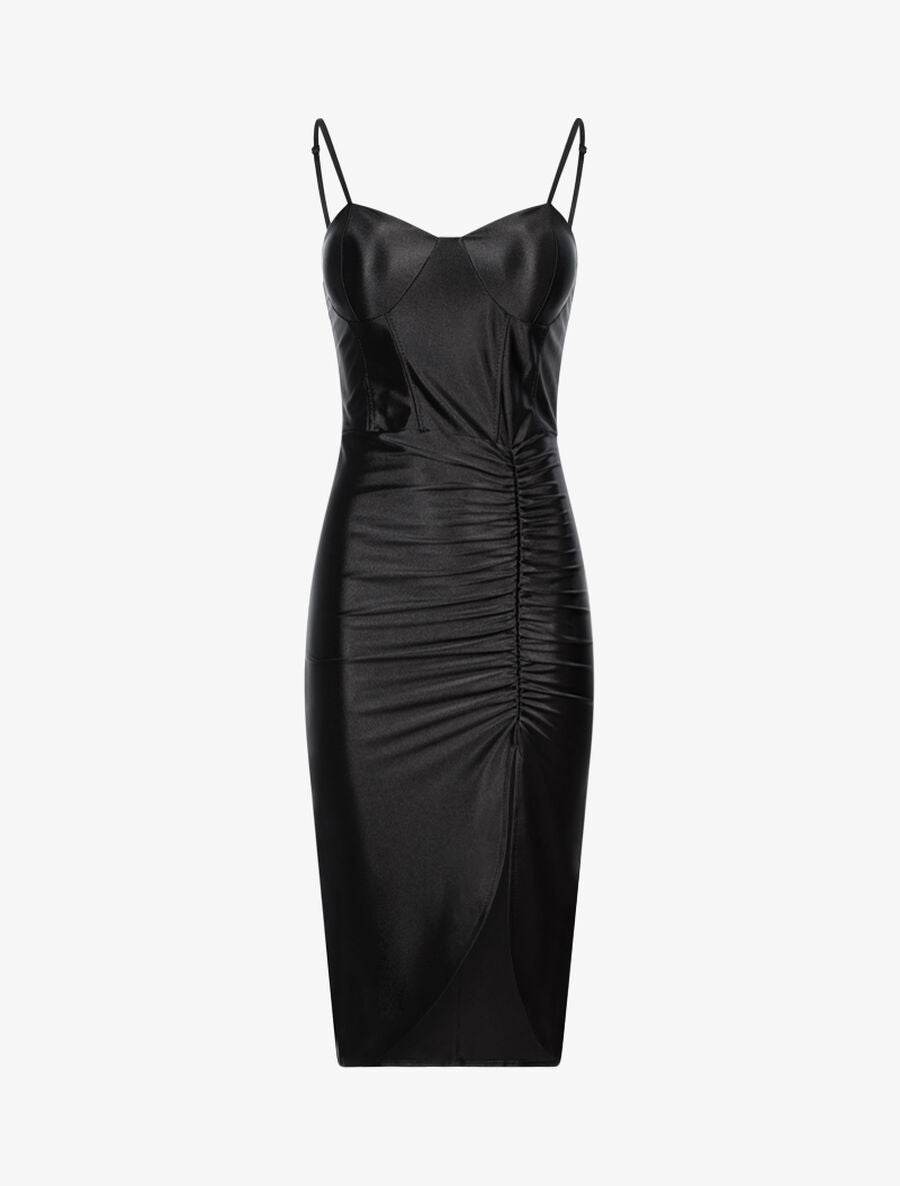 Robe satinée échancrée à plis - Noir - 1