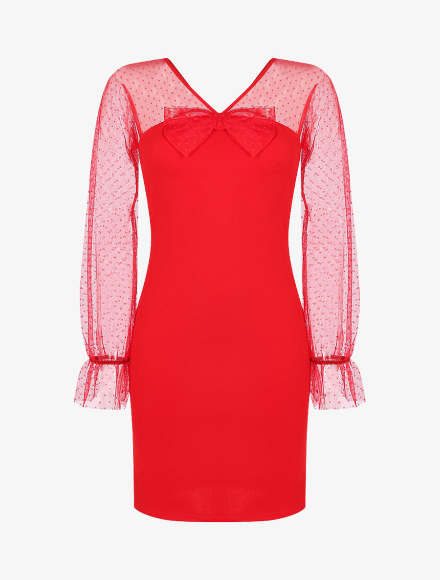 Robe à empiècement en tulle à pois - Rouge - 1