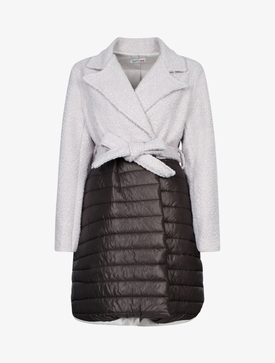 Manteau oversize en laine bouclette et doudoune - Gris clair/noir - 1