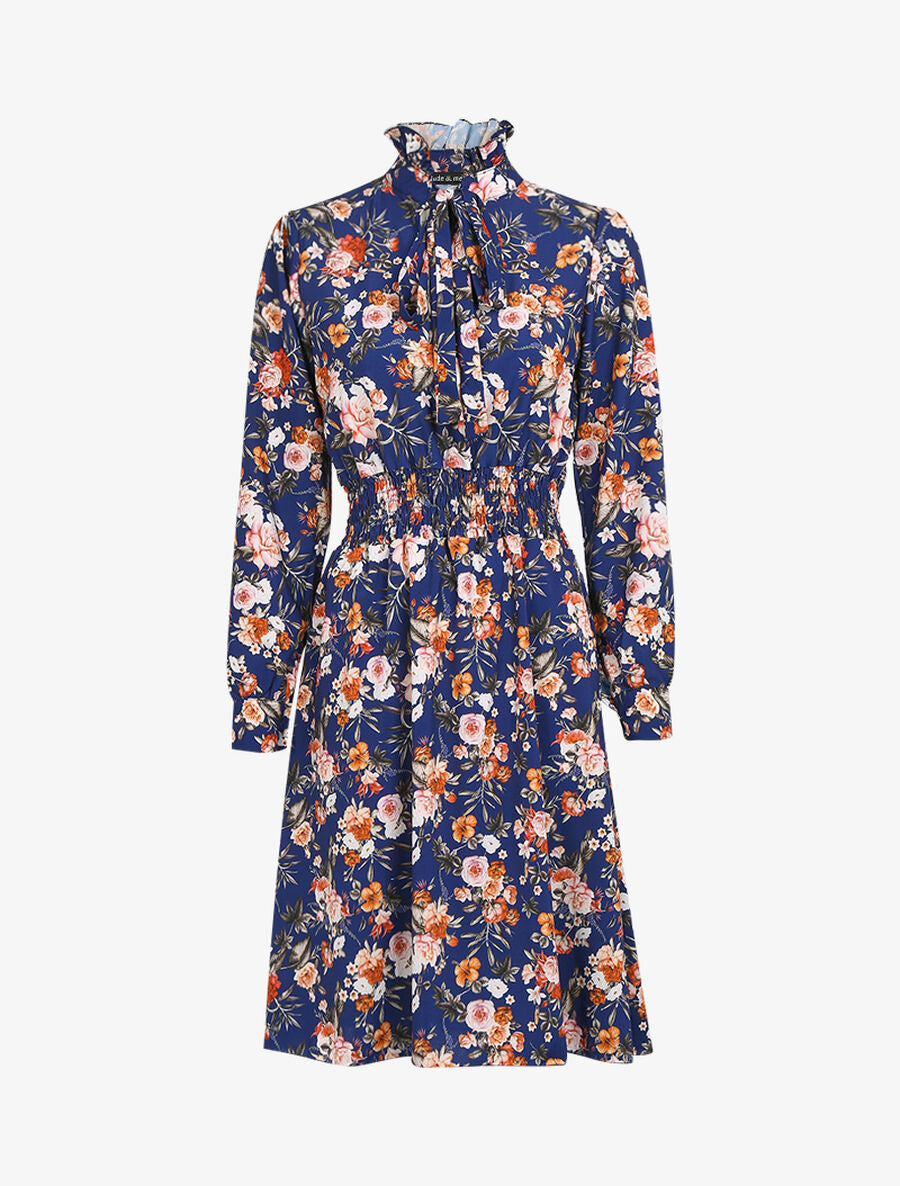 Robe à col montant et lavallière - Bleu - 1