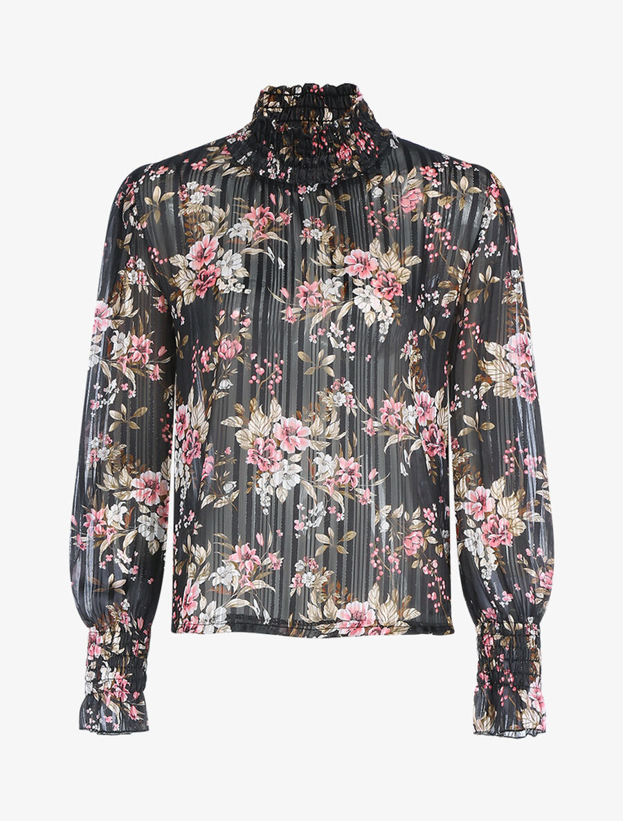 Blouse fleurie à encolure montante - Noir - 1