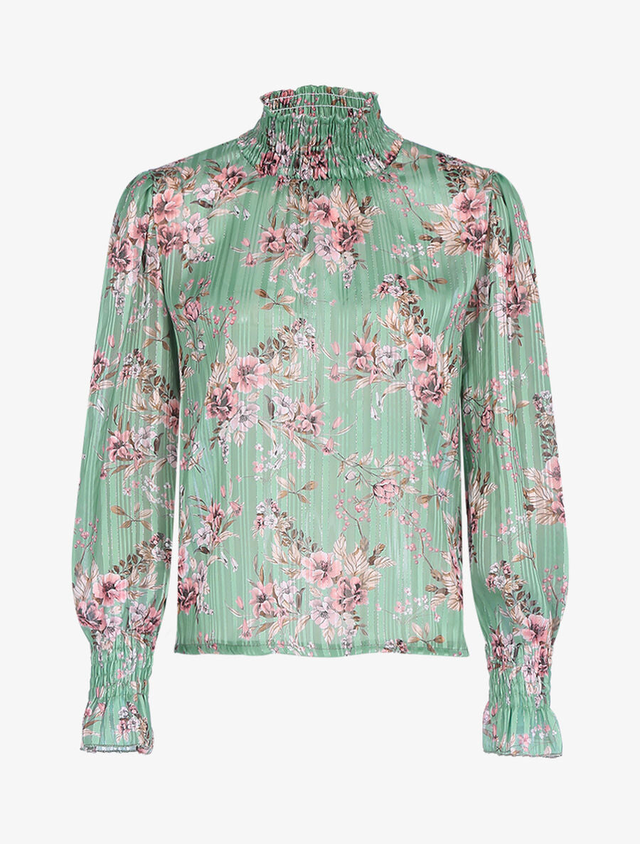 Blouse fleurie à encolure montante - Vert - 1