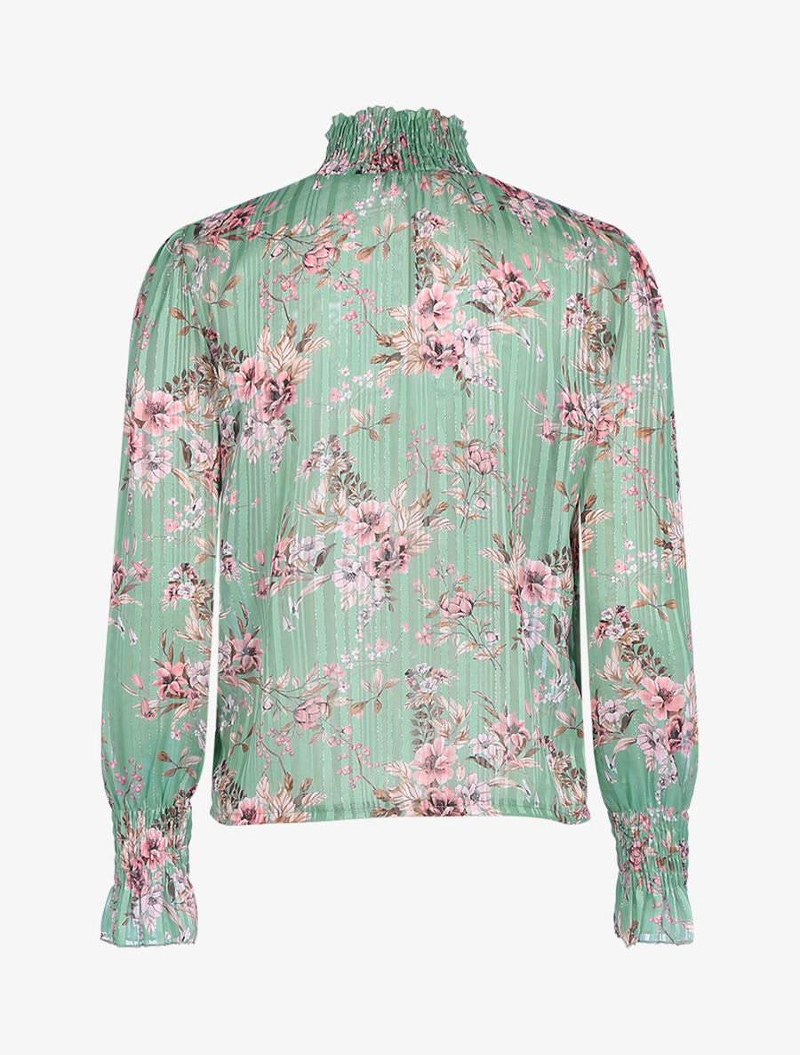 Blouse fleurie à encolure montante - Vert - 2