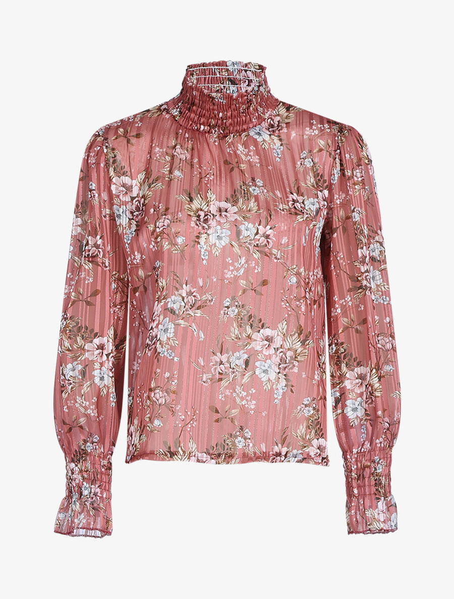 Blouse fleurie à encolure montante - Rose foncé - 1