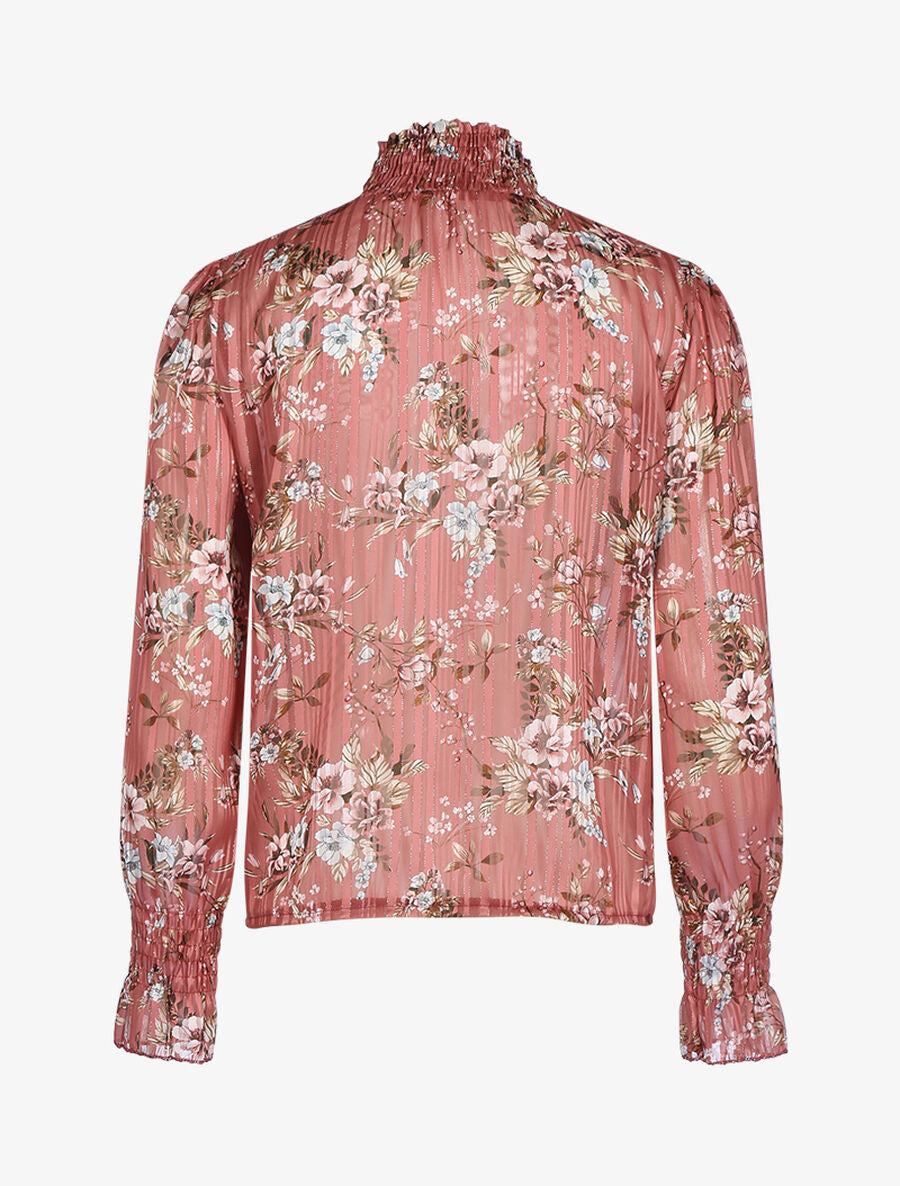 Blouse fleurie à encolure montante - Rose foncé - 2