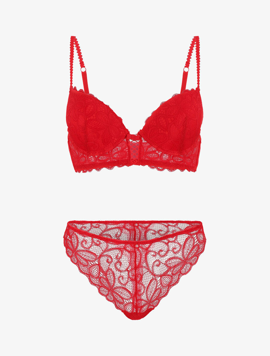 Ensemble soutien-gorge push up et tanga en dentelle - Rouge - 2