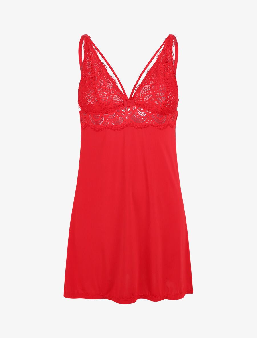 Robe nuisette à détail dentelle - Rouge - 1