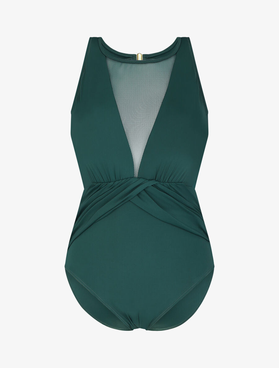 Maillot de bain une pièce à empiècements en résille - Vert sapin - 5