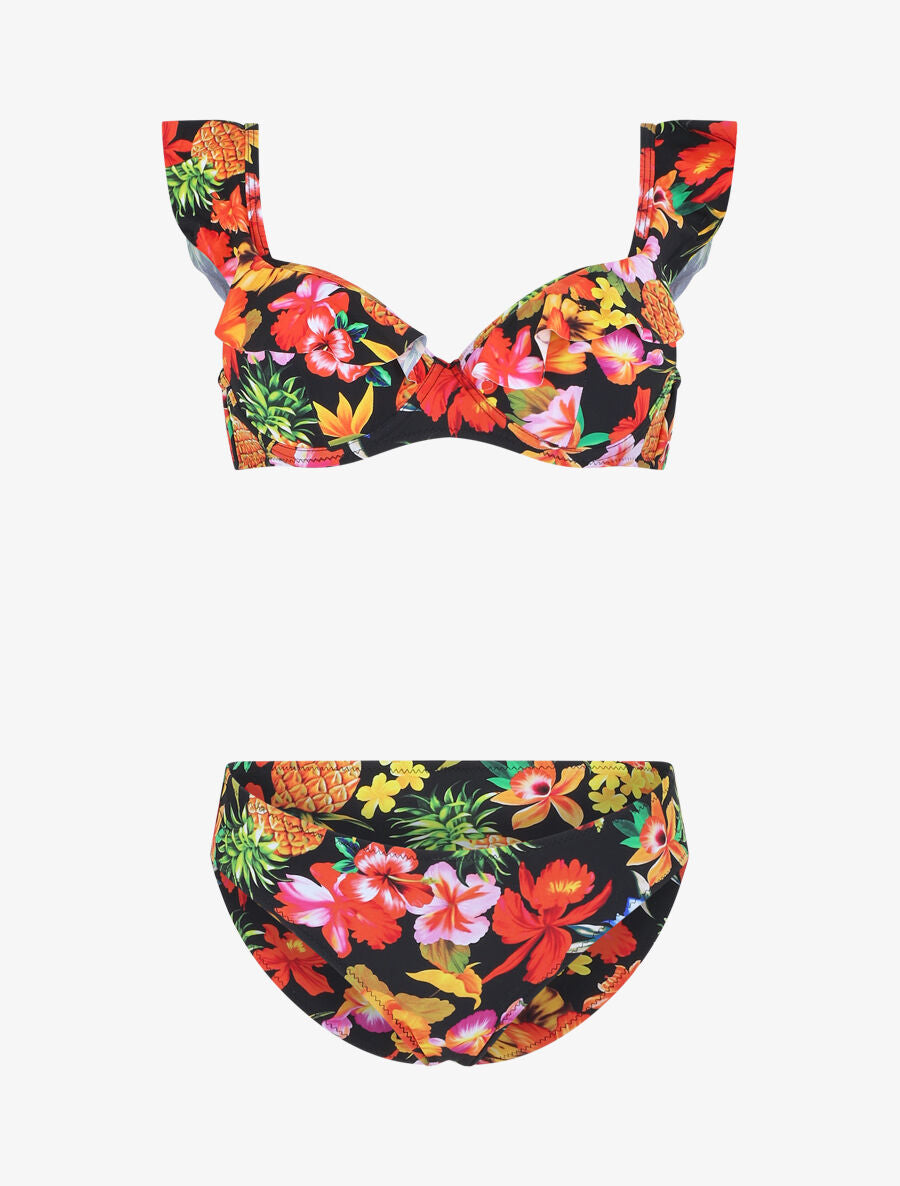 Bikini imprimé fleuri et volants - Noir - 1