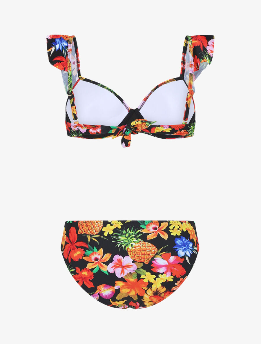 Bikini imprimé fleuri et volants - Noir - 2