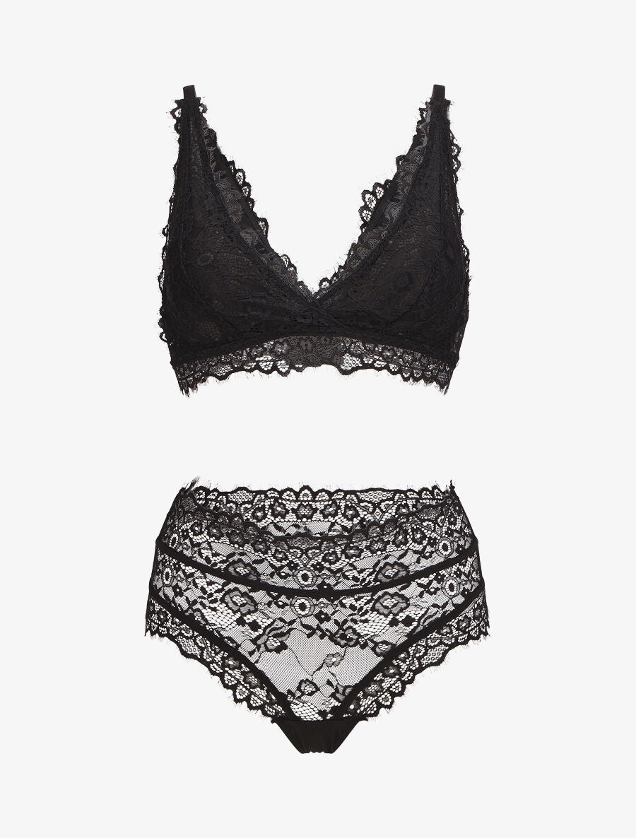 Ensemble soutien-gorge triangle et string en dentelle - Noir - 1
