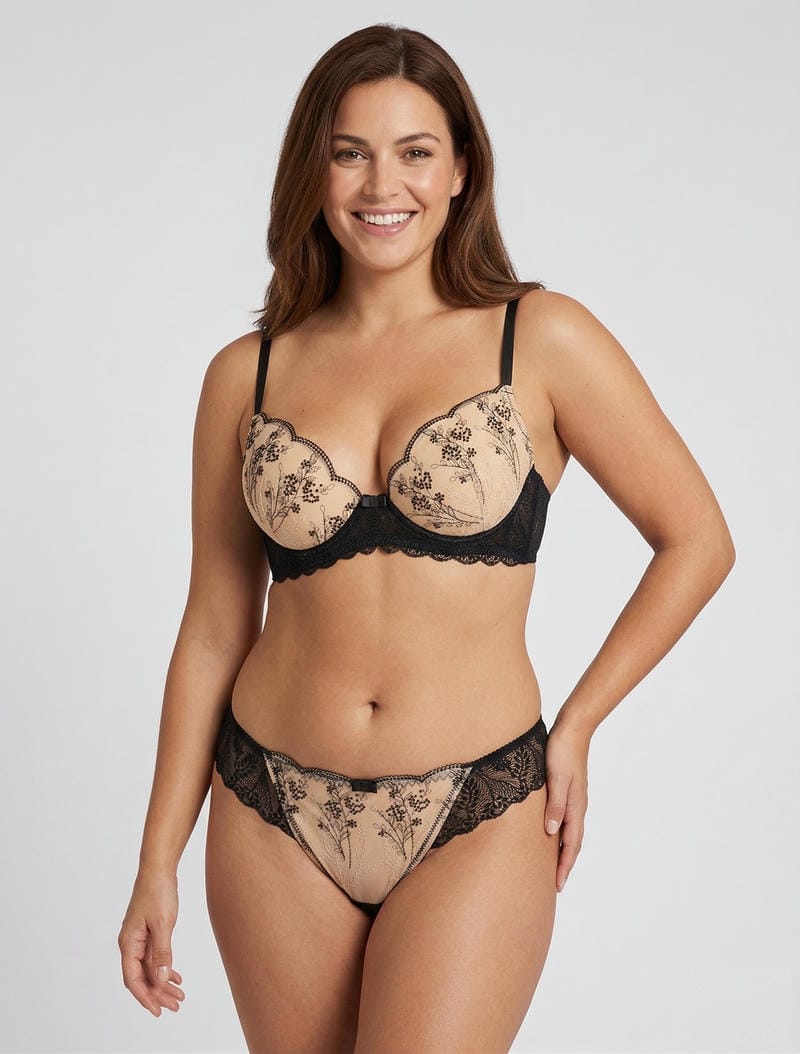 Ensemble push-up et tanga dentelle irisée - Noir/beige