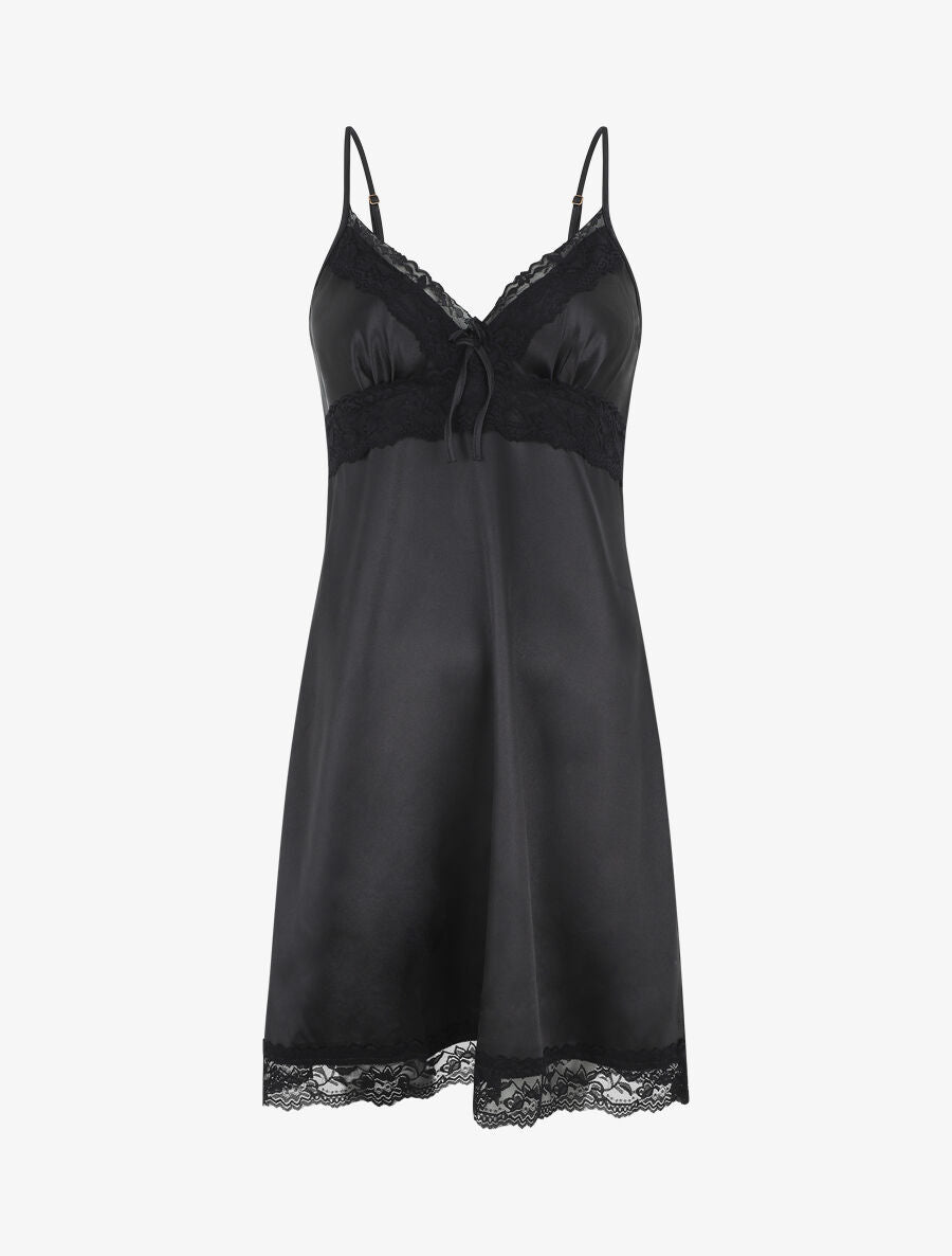 Nuisette unie à dentelle effet satiné - Noir - 4