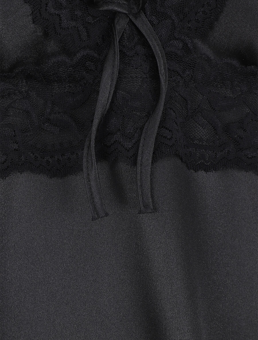 Nuisette unie à dentelle effet satiné - Noir - 3