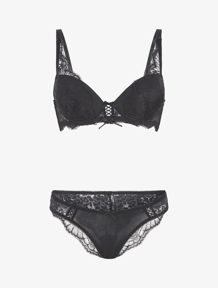 Ensemble soutien-gorge push-up et culotte en dentelle - Noir - 1
