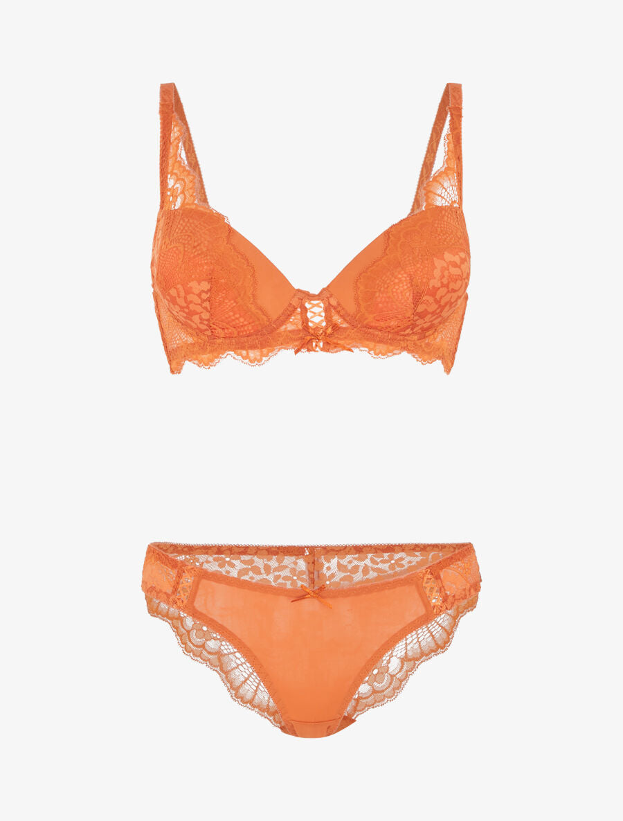 Ensemble soutien-gorge push-up et culotte en dentelle - Orange - 4