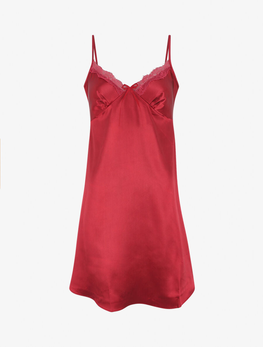 Nuisette unie à col V en dentelle effet satiné - Bordeaux - 4